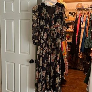 Mango navy maxi dress with side slit and flower pattern sheer sleeves